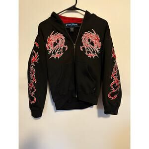 Vintage Y2K Silver Point Red Tribal Dragon embroidered Hoodie Men’s Sz S